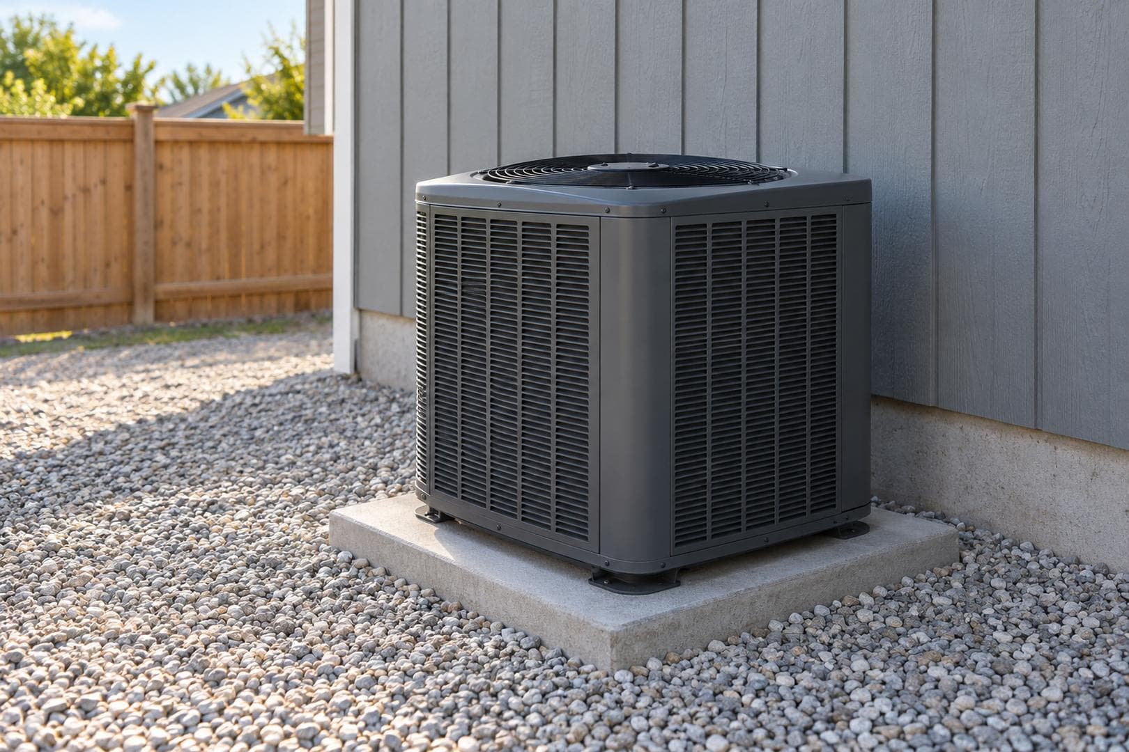 Dark-gray outdoor condenser on a concrete pad beside vertical siding and a gravel yard