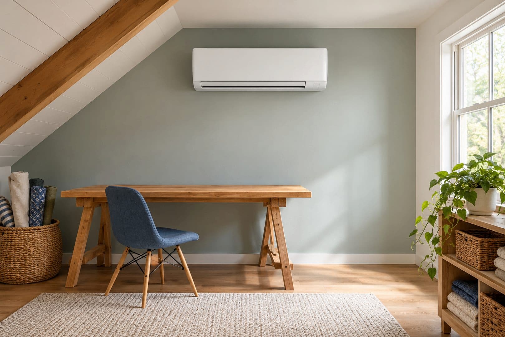 Attic workspace with a wall-mounted ductless unit, wooden worktable and blue chair under a sloping ceiling