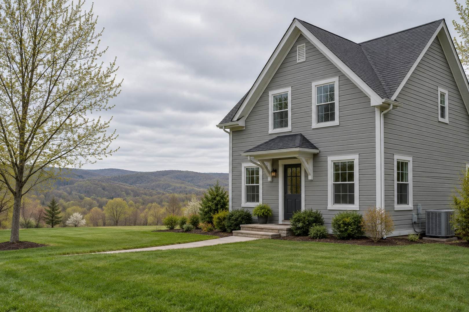 Gray two-story house with white window trim, a sheltered front entry and a lawn overlooking wooded hills