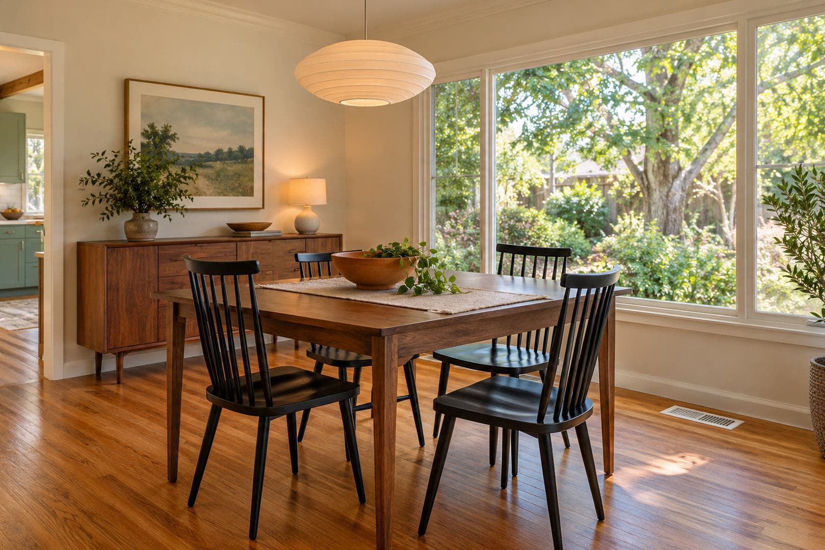 Dining room with a wooden table, black chairs and an uncovered floor register beside broad windows