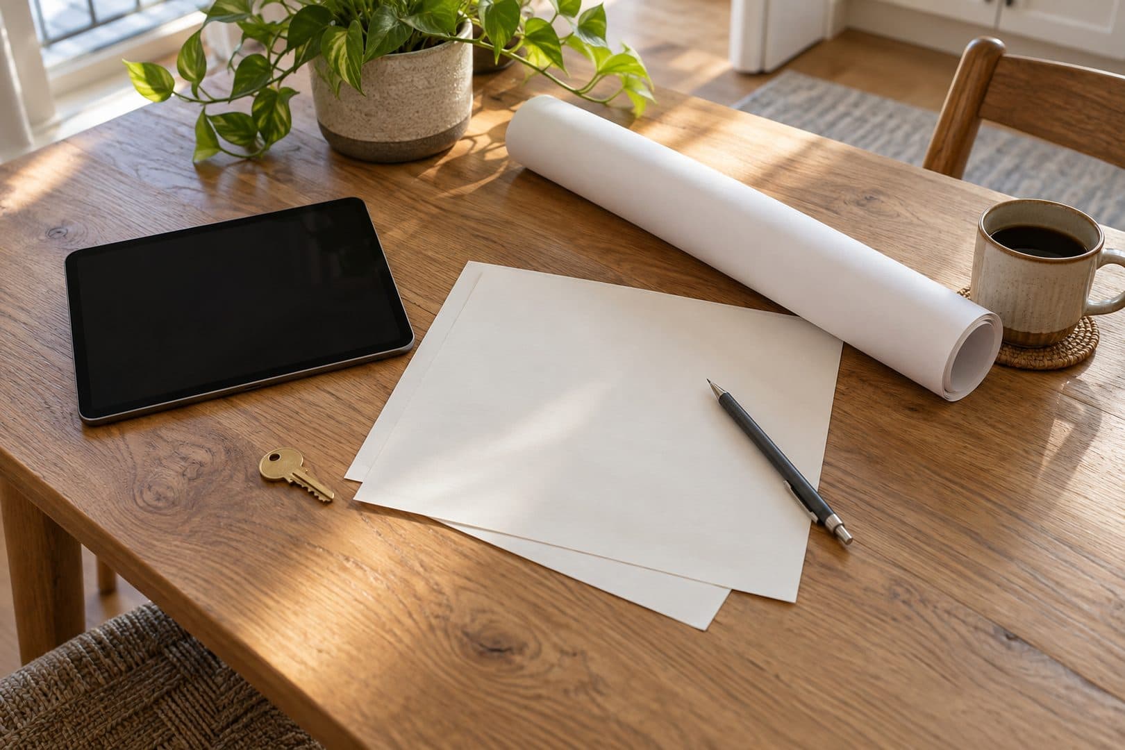 Blank papers, a tablet, pencil and house key arranged on a wooden table beside a coffee mug